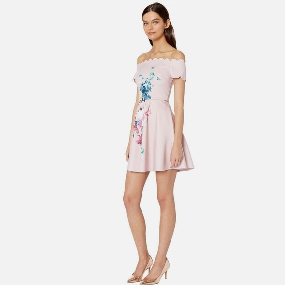 NWT Ted Baker Dress Raspbery Bardot Skater  size:5,  light pink,  painted flower - Picture 3 of 11